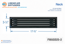 Load image into Gallery viewer, Neck dimensions of a 18-inch 2-slot linear slot diffuser with 25mm opening in matte black.