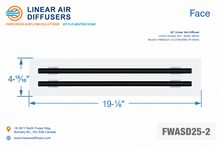 Load image into Gallery viewer, Face dimensions of a 18-inch 2-slot linear slot diffuser with 25mm opening in matte white.