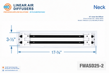 Load image into Gallery viewer, Neck dimensions of a 18-inch 2-slot linear slot diffuser with 25mm opening in matte white.