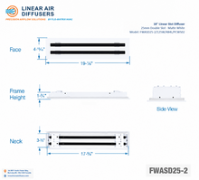 Load image into Gallery viewer, Overall dimensions of a 18-inch 2-slot linear slot diffuser with 25mm opening in matte white.