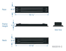 Load image into Gallery viewer, Full dimensions of a black 18-inch 2-slot linear diffuser with 19mm openings for precision airflow in commercial HVAC systems