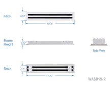 Load image into Gallery viewer, Full dimensions of a white 18 inch 2-slot linear diffuser with 19mm openings for precision airflow in commercial HVAC systems