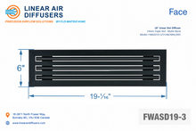 Load image into Gallery viewer, Face dimensions of a 18-inch 3-slot linear slot diffuser with 19mm opening in matte black.