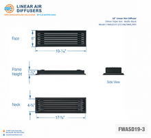 Load image into Gallery viewer, Overall dimensions of a 18-inch 3-slot linear slot diffuser with 19mm opening in matte black.