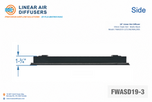 Load image into Gallery viewer, Side profile and dimensions of a 18-inch 3-slot linear slot diffuser with 19mm opening in matte black.