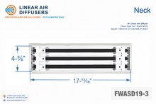 Load image into Gallery viewer, Neck dimensions of a 18-inch 3-slot linear slot diffuser with 19mm opening in matte white.