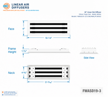 Load image into Gallery viewer, Overall dimensions of a 18-inch 3-slot linear slot diffuser with 19mm opening in matte white.