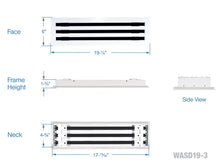 Load image into Gallery viewer, Full dimensions of a white 18 inch 3-slot linear diffuser with 19mm openings for precision airflow in commercial HVAC systems