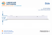 Load image into Gallery viewer, Side profile and dimensions of a 20-inch 1-slot linear slot diffuser with 19mm opening in matte white.