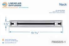 Load image into Gallery viewer, Neck dimensions of a 20-inch 1-slot linear slot diffuser with 25mm opening in matte white.