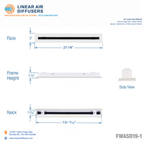 Load image into Gallery viewer, Overall dimensions of a 20-inch 1-slot linear slot diffuser with 19mm opening in matte white.