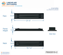 Load image into Gallery viewer, Overall dimensions of a 20-inch 2-slot linear slot diffuser with 19mm opening in matte black.