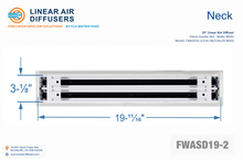 Load image into Gallery viewer, Neck dimensions of a 20-inch 2-slot linear slot diffuser with 19mm opening in matte white.