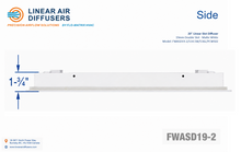 Load image into Gallery viewer, Side profile and dimensions of a 20-inch 2-slot linear slot diffuser with 19mm opening in matte white.