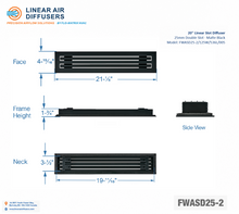 Load image into Gallery viewer, Overall dimensions of a 20-inch 2-slot linear slot diffuser with 25mm opening in matte black.