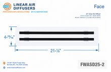 Load image into Gallery viewer, Face dimensions of a 20-inch 2-slot linear slot diffuser with 25mm opening in matte white.