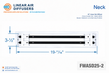 Load image into Gallery viewer, Neck dimensions of a 20-inch 2-slot linear slot diffuser with 25mm opening in matte white.