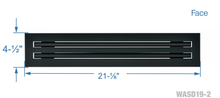 Load image into Gallery viewer, Face dimensions of a black 20-inch 2-slot linear diffuser with 19mm openings for precision airflow in commercial HVAC systems