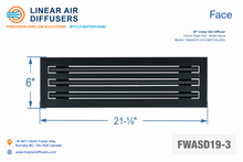 Load image into Gallery viewer, Face dimensions of a 20-inch 3-slot linear slot diffuser with 19mm opening in matte black.
