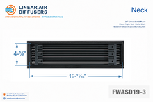 Load image into Gallery viewer, Neck dimensions of a 20-inch 3-slot linear slot diffuser with 19mm opening in matte black.