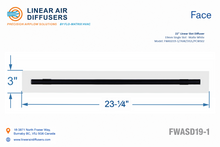 Load image into Gallery viewer, Face dimensions of a 22-inch 1-slot linear slot diffuser with 19mm opening in matte white.