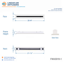 Load image into Gallery viewer, Overall dimensions of a 22-inch 1-slot linear slot diffuser with 19mm opening in matte white.