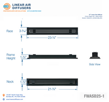 Load image into Gallery viewer, Overall dimensions of a 22-inch 1-slot linear slot diffuser with 25mm opening in matte black.