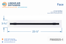 Load image into Gallery viewer, Face dimensions of a 22-inch 1-slot linear slot diffuser with 25mm opening in matte white.