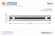 Load image into Gallery viewer, Neck dimensions of a 22-inch 1-slot linear slot diffuser with 25mm opening in matte white.