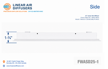 Load image into Gallery viewer, Side profile and dimensions of a 22-inch 1-slot linear slot diffuser with 25mm opening in matte white.