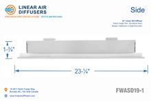 Load image into Gallery viewer, Side profile and dimensions of a 22-inch 1-slot linear slot diffuser with 19mm opening in anodized satin silver.