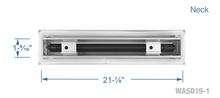 Load image into Gallery viewer, Neck dimensions of a white 22 inch 1-slot linear diffuser with 19mm openings for precision airflow in commercial HVAC systems