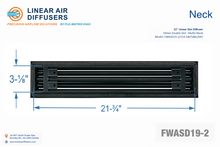 Load image into Gallery viewer, Neck dimensions of a 22-inch 2-slot linear slot diffuser with 19mm opening in matte black.