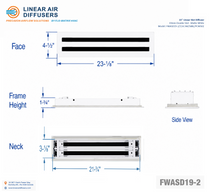 Load image into Gallery viewer, Overall dimensions of a 22-inch 2-slot linear slot diffuser with 19mm opening in matte white.