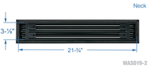 Load image into Gallery viewer, Neck dimensions of a black 22-inch 2-slot linear diffuser with 19mm openings for precision airflow in commercial HVAC systems