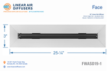 Load image into Gallery viewer, Face dimensions of a 24-inch 1-slot linear slot diffuser with 19mm opening in anodized satin silver.