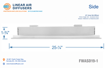 Load image into Gallery viewer, Side profile and dimensions of a 24-inch 1-slot linear slot diffuser with 19mm opening in anodized satin silver.