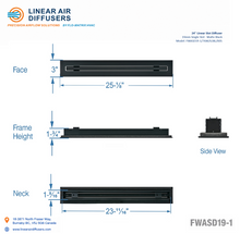 Load image into Gallery viewer, Overall dimensions of a 24-inch 1-slot linear slot diffuser with 19mm opening in matte black.