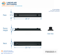 Load image into Gallery viewer, Overall dimensions of a 24-inch 1-slot linear slot diffuser with 25mm opening in matte black.