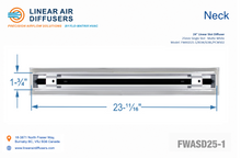 Load image into Gallery viewer, Neck dimensions of a 24-inch 1-slot linear slot diffuser with 25mm opening in matte white.