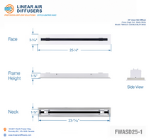 Load image into Gallery viewer, Overall dimensions of a 24-inch 1-slot linear slot diffuser with 25mm opening in matte white.