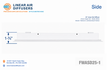 Load image into Gallery viewer, Side profile and dimensions of a 24-inch 1-slot linear slot diffuser with 25mm opening in matte white.