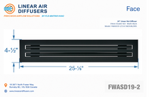Load image into Gallery viewer, Face dimensions of a 24-inch 2-slot linear slot diffuser with 19mm opening in matte black.
