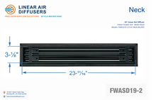 Load image into Gallery viewer, Neck dimensions of a 24-inch 2-slot linear slot diffuser with 19mm opening in matte black.