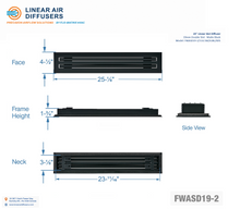 Load image into Gallery viewer, Overall dimensions of a 24-inch 2-slot linear slot diffuser with 19mm opening in matte black.