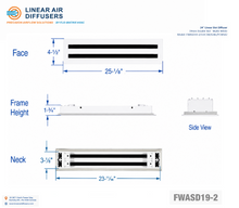 Load image into Gallery viewer, Overall dimensions of a 24-inch 2-slot linear slot diffuser with 19mm opening in matte white.
