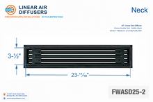 Load image into Gallery viewer, Neck dimensions of a 24-inch 2-slot linear slot diffuser with 25mm opening in matte black.