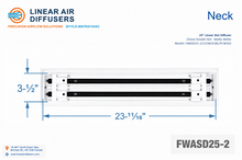 Load image into Gallery viewer, Neck dimensions of a 24-inch 2-slot linear slot diffuser with 25mm opening in matte white.