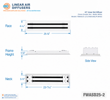Load image into Gallery viewer, Overall dimensions of a 24-inch 2-slot linear slot diffuser with 25mm opening in matte white.