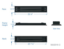 Load image into Gallery viewer, Full dimensions of a black 24-inch 2-slot linear diffuser with 19mm openings for precision airflow in commercial HVAC systems
